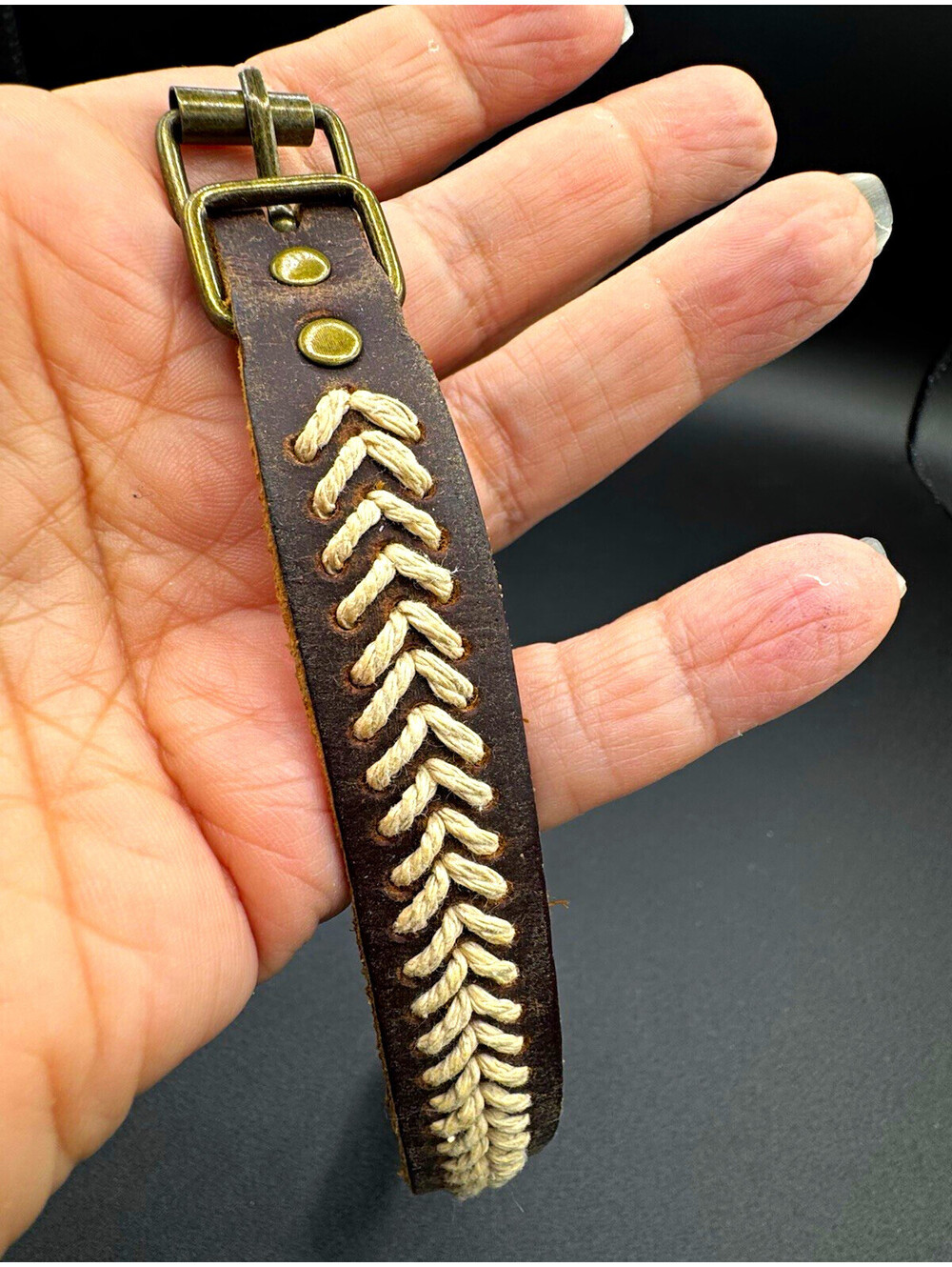 Brown Leather Look Bracelet Western Boho Cowgirl/boy Buckle Woven Stitch 9.5”